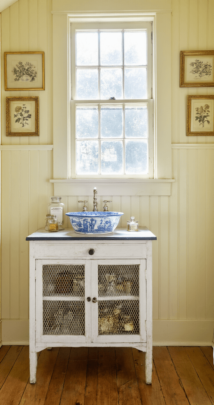 Morning light fills a cozy cottage bathroom accented by a leaded glass window; a weathered white cabinet showcases vintage perfume bottles amidst pale yellow beadboard walls and original hardwood flooring. An antique washstand serves as a vanity with a blue and white transferware basin, complemented by a gallery wall of gilt-framed botanical prints, all captured with a dreamy f/2 focus.