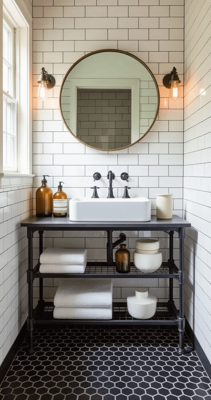Corner view of a vintage-modern bathroom featuring 1920s hex tile flooring, subway-tiled walls with dark grout, black pipe shelving with amber apothecary bottles and white pottery, an oversized round mirror in a brushed brass frame above a wall-mounted sink, and Edison bulb sconces for warm lighting.