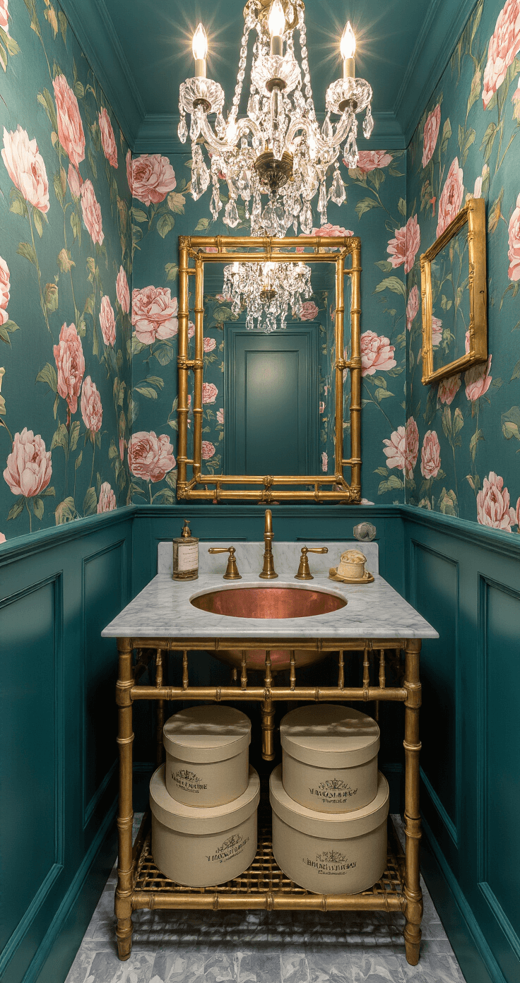 Twilight scene of a Victorian-inspired powder room with floral teal wallpaper, crystal chandelier, marble-topped washstand with brass hardware, undermount copper sink, gold bamboo mirror, and vintage hat boxes on an étagère, all illuminated in a moody ambiance.