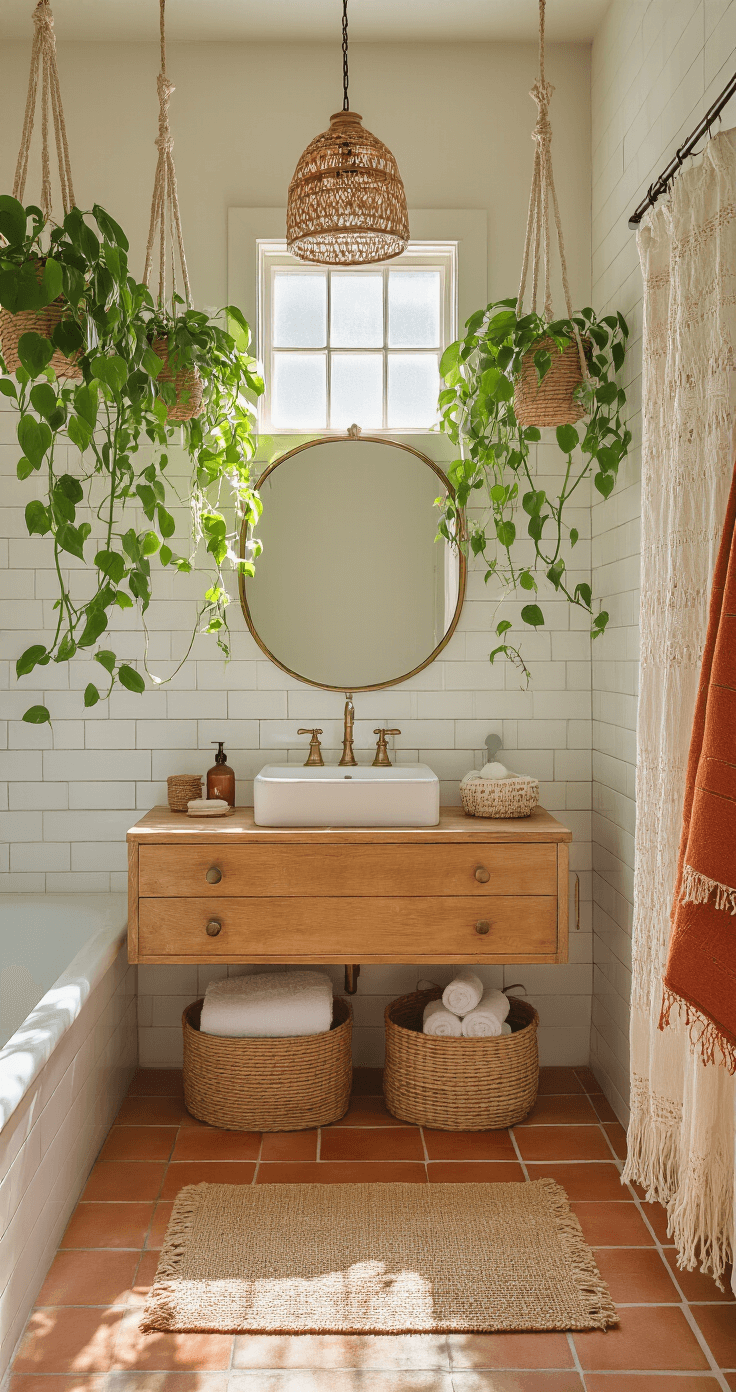 A sunlit vintage bathroom featuring white subway tiles, terracotta floors, a floating wooden vanity with a brass mirror, cascading pothos plants, a jute rug, and a rattan pendant light, all captured in soft natural light to highlight warm textures.