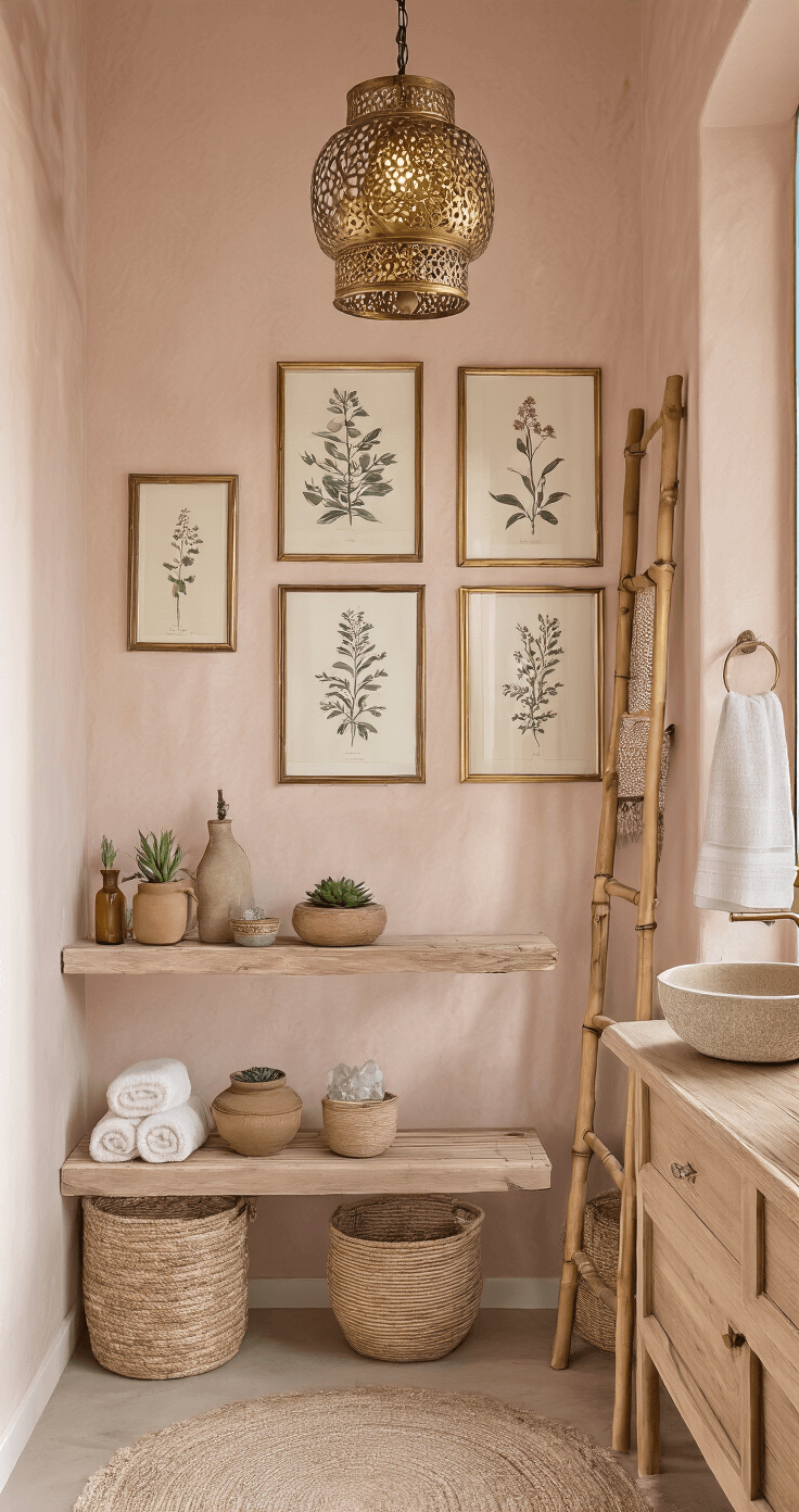 An intimate corner view of a boho bathroom at golden hour, featuring blush pink walls, a bamboo towel rack, vintage botanical prints in brass frames, and a Moroccan brass pendant light. The scene includes stacked floating shelves with earthenware vessels, succulents, and crystals, along with cedar wood accents and a handmade ceramic sink, all illuminated by dramatic side lighting.
