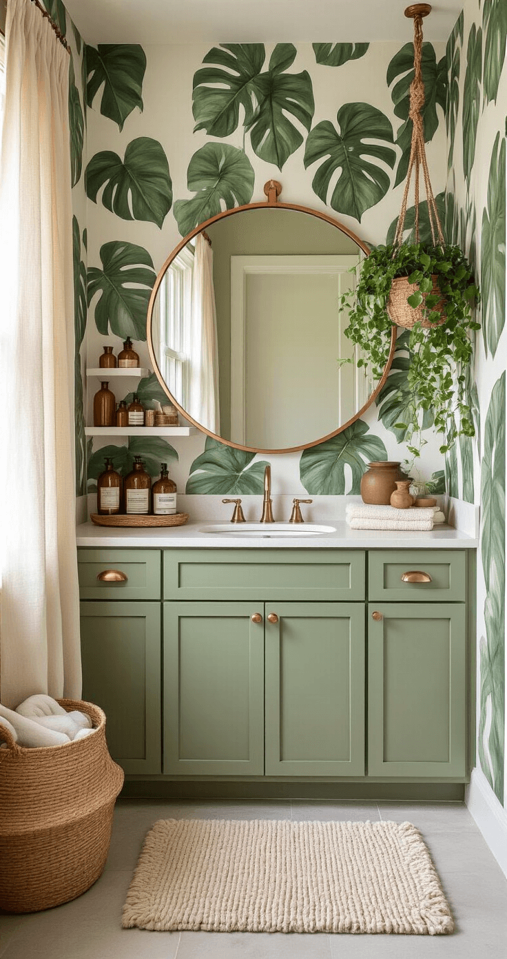 Wide-angle view of a cozy 5x6' bathroom featuring a monstera leaf accent wall, copper-framed mirror, sage green cabinets, vintage amber bottles, and a macramé plant hanger with trailing ivy, illuminated by soft afternoon light.