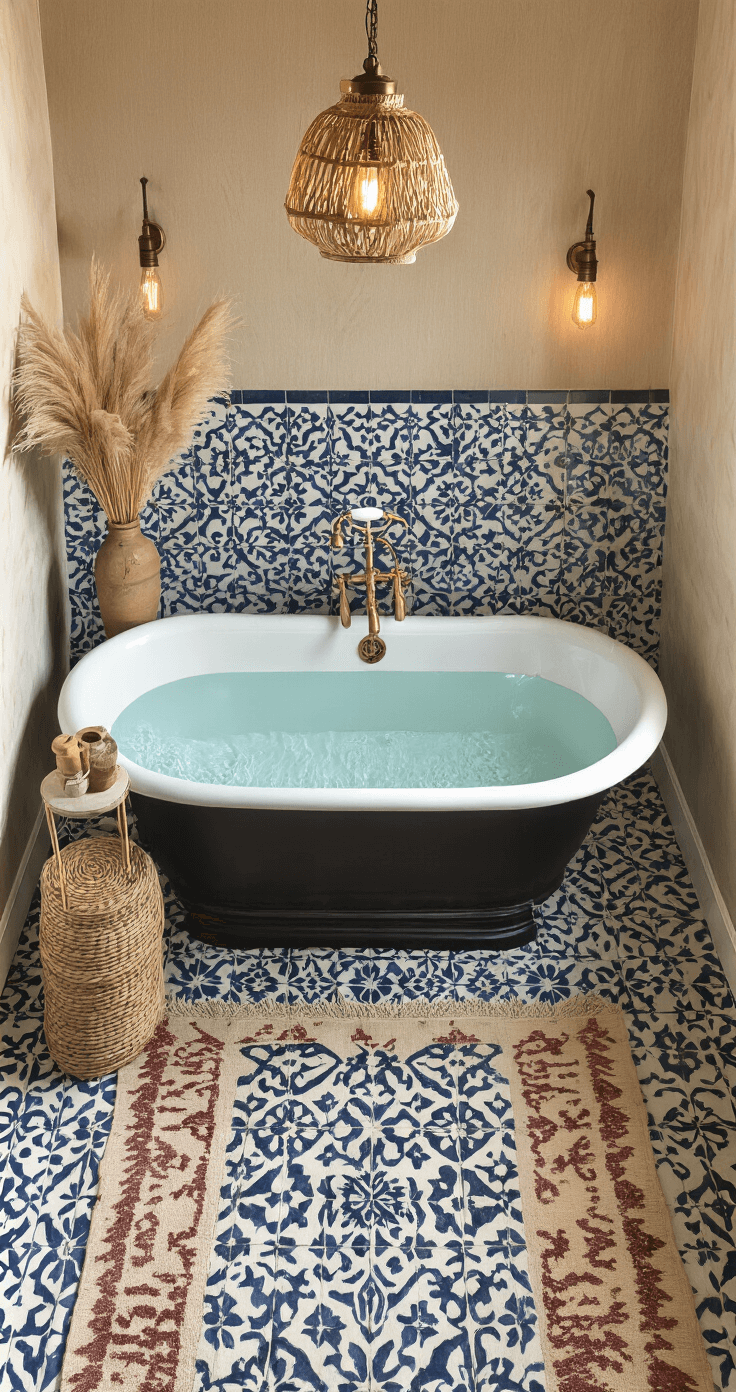 Overhead view of a 7x5' bathroom featuring an intricate Moroccan-inspired tile floor in blues and whites, a matte black clawfoot tub with a mud cloth caddy, vintage kilim rugs, textured grasscloth walls, brass hardware, and dried pampas grass in a ceramic vase, all illuminated by warm Edison bulb sconces.