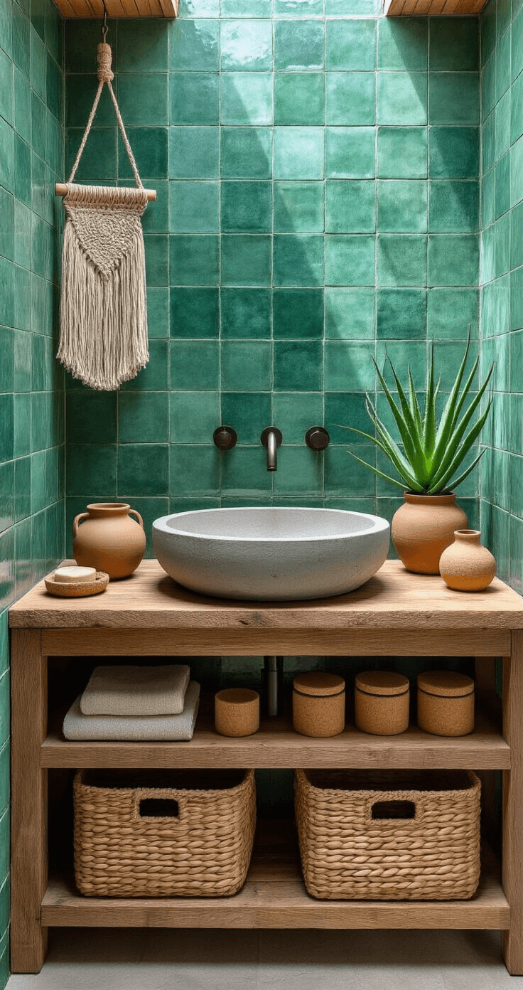 Detail shot of a bathroom vanity featuring a handcrafted concrete sink on a reclaimed wood base, surrounded by emerald green zellige tiles. Natural light highlights textured surfaces, with clay pottery, cork containers, and a spiral aloe plant as décor. Woven water hyacinth baskets are visible below, and a tasseled wall hanging adds a soft touch.