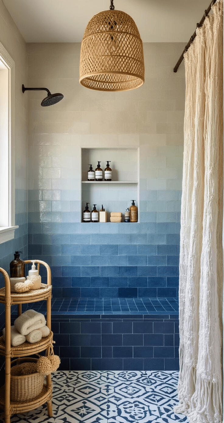 Eye-level view of a stylish shower area in a bathroom featuring ombré tiles transitioning from deep indigo to white, a bamboo caddy with artisanal soaps and loofahs, a rattan light fixture, hand-painted geometric cement floor tiles, vintage apothecary bottles on a shelf, and a flowing macramé curtain, all illuminated by morning light.