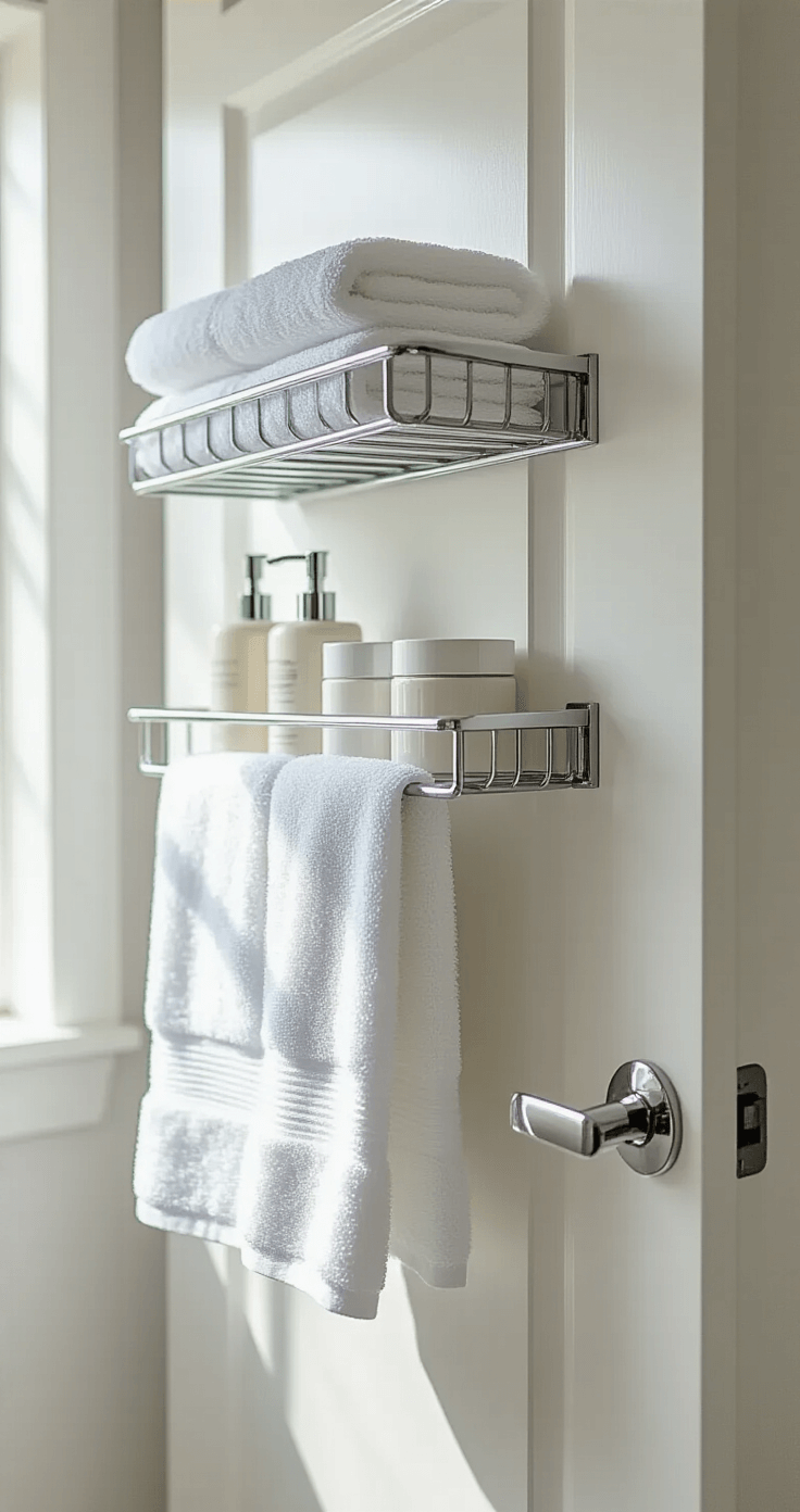 Close-up of a pristine white bathroom door featuring an organized over-door storage system with a chrome rack holding neatly arranged white towels and shower essentials, shot from a low angle in cool morning light.