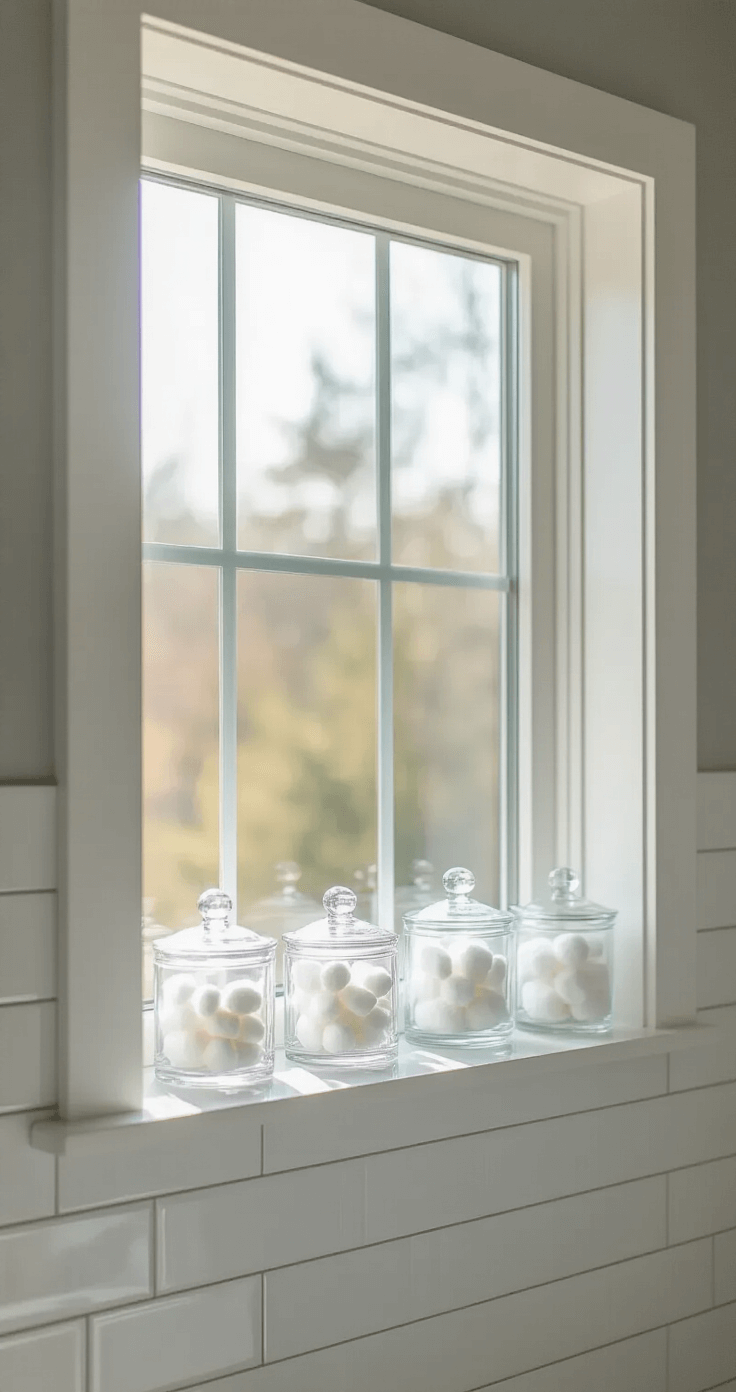 Eye-level view of a modern bathroom window nook featuring custom white shelving, crystal containers for cotton balls and bath salts, and white subway tile walls with pale grey accents. The scene is softly illuminated by natural light, highlighting the transparent containers and clean lines.