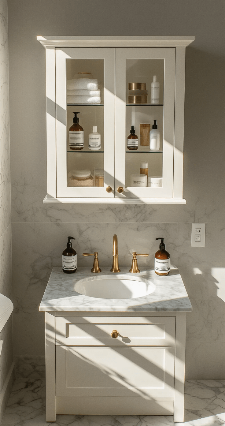 Dramatic overhead view of a small bathroom showcasing a pearl white vertical cabinet with glass doors, organized toiletries, a marble countertop with strategically placed products, and warm afternoon light creating geometric shadows, set in a cool grey and white color scheme with brass accents.