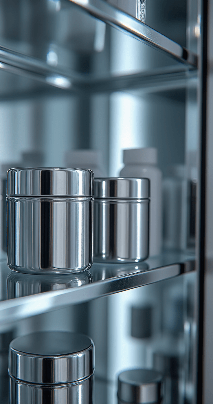 Macro shot of metallic containers in a medicine cabinet, showcasing organized small bathroom essentials against a mirrored background, with shallow depth of field and chrome tones under studio lighting.