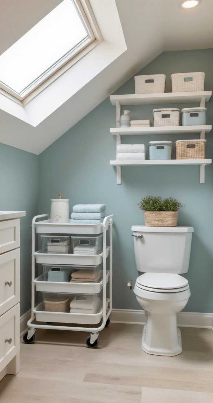 Wide shot of a 6x8ft bathroom showcasing a white rolling utility cart with three tiers of labeled clear containers tucked between the vanity and toilet, illuminated by morning light from a skylight, featuring a coastal-inspired color palette of sea blues and sandy beiges, with soft diffused overhead lighting.