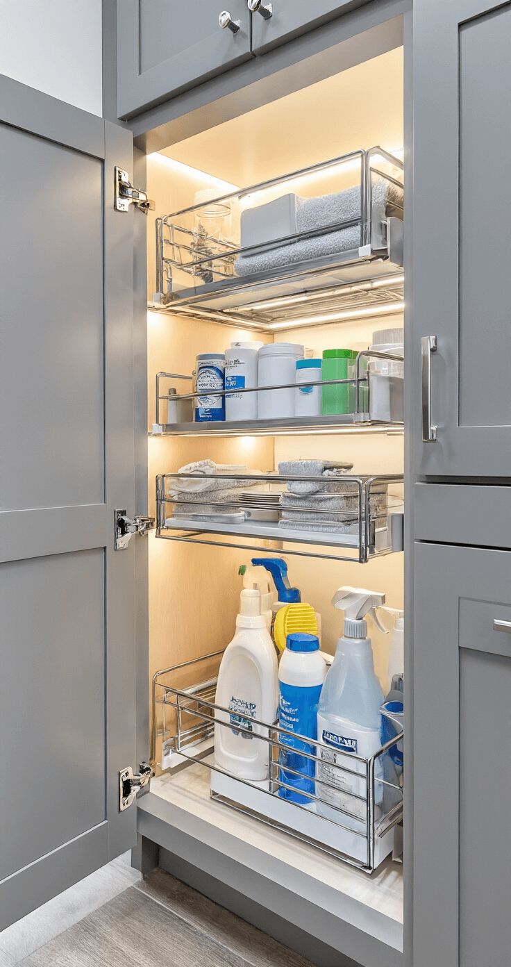 Detail view of a modern under-sink storage area featuring custom pull-out organizers filled with cleaning supplies and toiletries, illuminated by professional-grade cabinet lighting, with chrome pulls on grey cabinetry and cabinet doors fully extended.