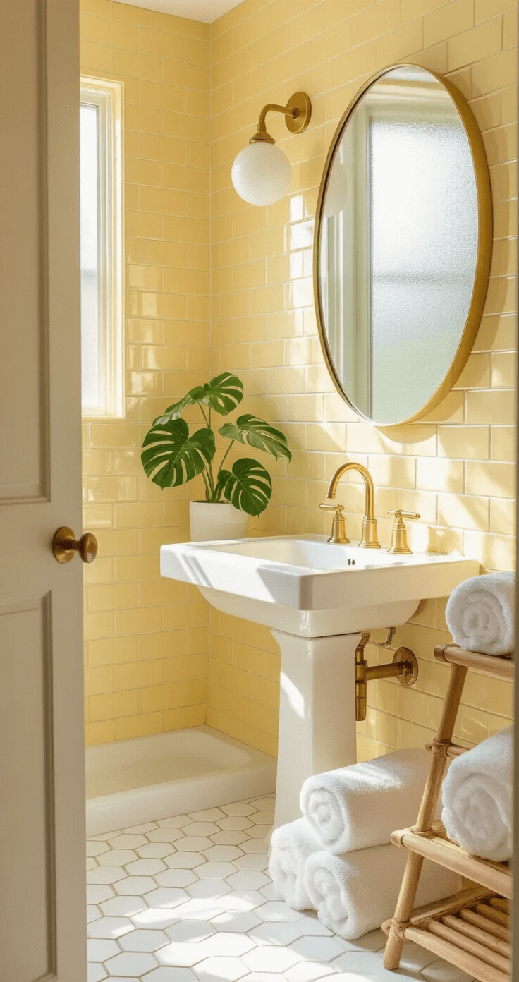 A sunlit modern bathroom with buttercream yellow subway tiles, a white pedestal sink with brass fixtures, a round mirror, and matte white hexagonal floor tiles, featuring a small potted monstera and rolled towels on a bamboo ladder.