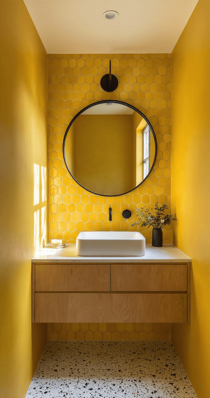 Intimate powder room featuring a saffron yellow hexagonal accent wall behind a floating vanity, with late afternoon light streaming through a small window. Matte black fixtures and a minimalist round mirror enhance the contemporary design, while terrazzo flooring in neutral tones adds contrast. The camera captures dynamic geometric patterns and shadows cast by an architectural wall sconce.