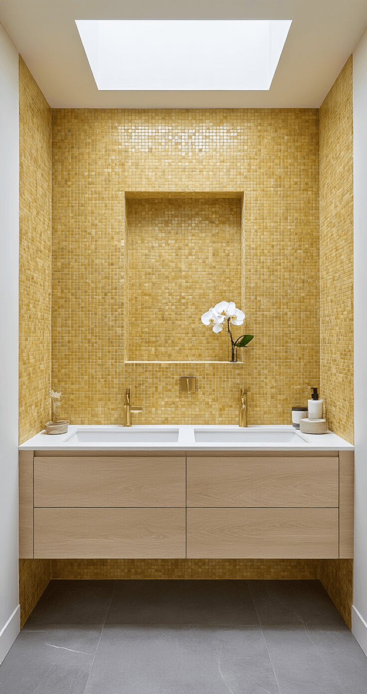 A modern ensuite bathroom featuring a golden yellow mosaic tile shower niche and a floating double vanity in bleached oak, with mid-morning natural light from a skylight. The image captures details of the niche and vanity reflection, highlighting large format grey floor tiles, minimal brass fixtures, and a structured orchid on the counter, creating a serene and luxurious atmosphere.