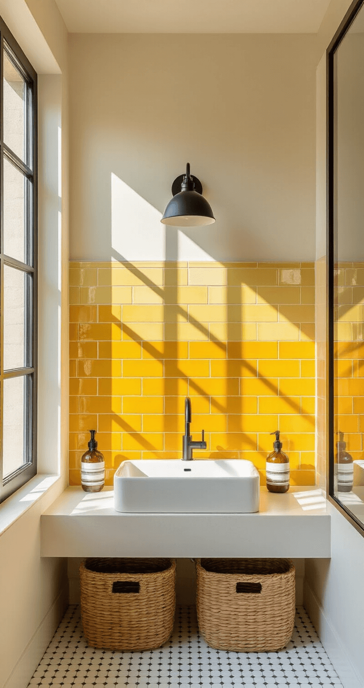 Compact bathroom with diagonal yellow tile splashback in butter to amber shades, early morning light casting shadows. Features a wall-mounted sink, white penny tile floor, black industrial fixtures, and woven basket storage. Focus on color gradient and pattern detail, creating an energetic and modern vibe.