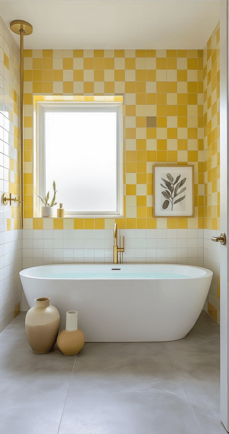 A bright 8x6ft contemporary bathroom featuring a checkerboard pattern of glossy yellow and matte white tiles halfway up the walls, a freestanding modern tub against a feature wall, light grey concrete-look floor tiles, minimal brushed gold fixtures, and stylish decor including a modern art print and ceramic vessels, all illuminated by midday light through a privacy glass window.