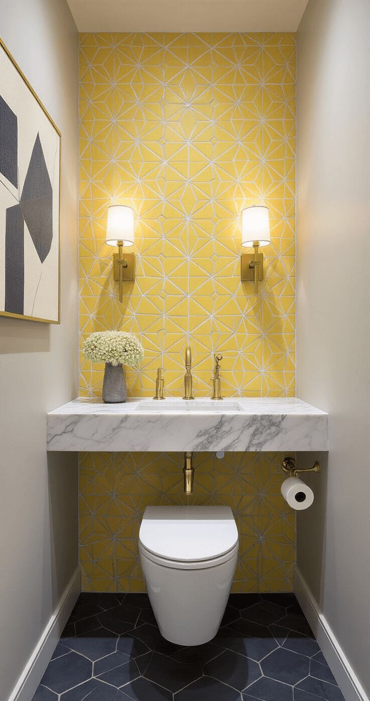 Intimate powder room featuring a yellow geometric mosaic accent wall behind a toilet, soft evening light from sconces, a floating marble vanity with integrated sink, dark charcoal floor tiles, mixed metallic fixtures, and styled with abstract art and a small vase of billy balls.