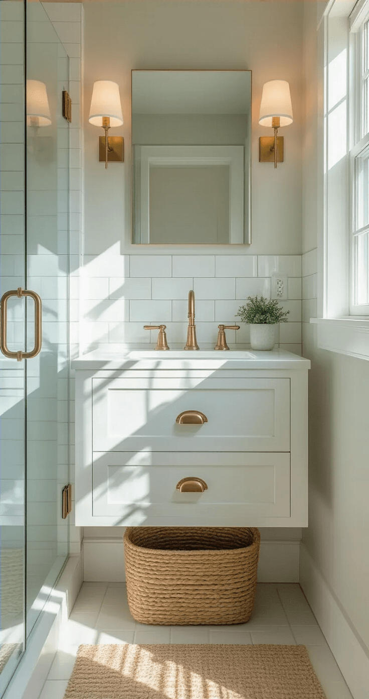 Bright 5x8ft bathroom with a wall-mounted white floating vanity, brass hardware, vertical subway tiles, and a frameless glass shower door, illuminated by morning sunlight through a frosted window.