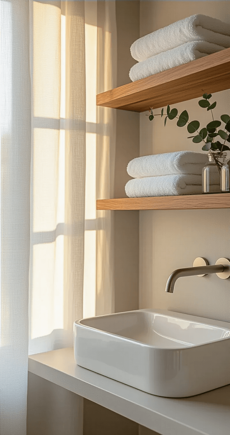 Close-up view of a minimalist bathroom corner featuring a wall-mounted brushed nickel sink against pale grey microcement walls, with walnut shelving displaying white towels and eucalyptus sprigs, all illuminated by warm golden hour light filtering through sheer linen curtains.