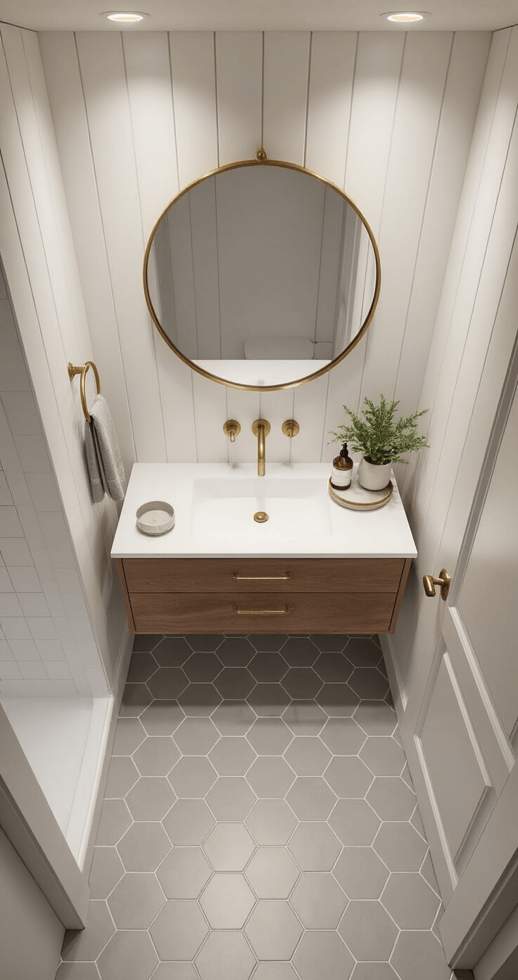 Overhead view of a petite 6x6ft bathroom with hexagonal grey floor tiles, white walls, a round brass mirror above a floating warm wood vanity, and even illumination from pot lights.