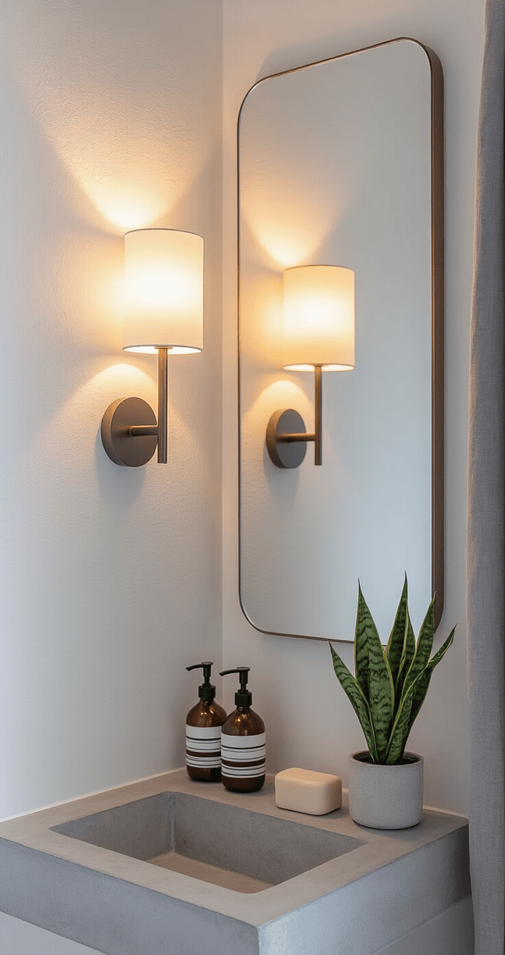 Eye-level view of a Scandinavian-inspired bathroom corner at dusk, featuring warm light from modern sconces illuminating a rectangular mirror above a concrete countertop with minimalist soap dispensers and a small potted snake plant, alongside a soft grey linen shower curtain in the background.