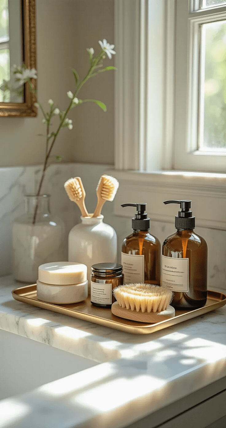 Detail shot of a small bathroom's storage vignette with a white marble counter featuring organized amber glass containers and natural fiber brushes on a brass tray, illuminated by afternoon light creating dramatic shadows.