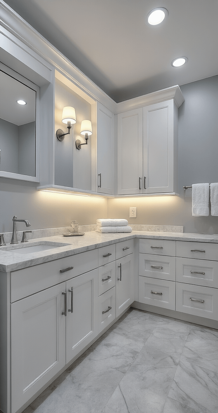 A wide-angle view of a serene 5x7ft bathroom during blue hour, featuring layered lighting from under-cabinet LEDs, wall sconces, and recessed lights, with pearl grey walls, white fixtures, and small format marble tiles creating a spa-like ambiance.