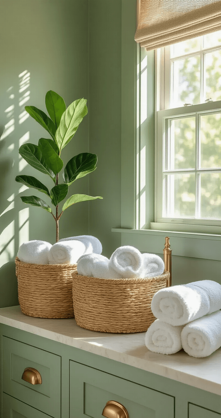 Close-up view of a bathroom with sage green walls, featuring brushed gold hardware, natural rattan baskets with rolled white towels, and a fiddle leaf fig, illuminated by morning light filtering through sheer curtains, showcasing texture and ambiance.