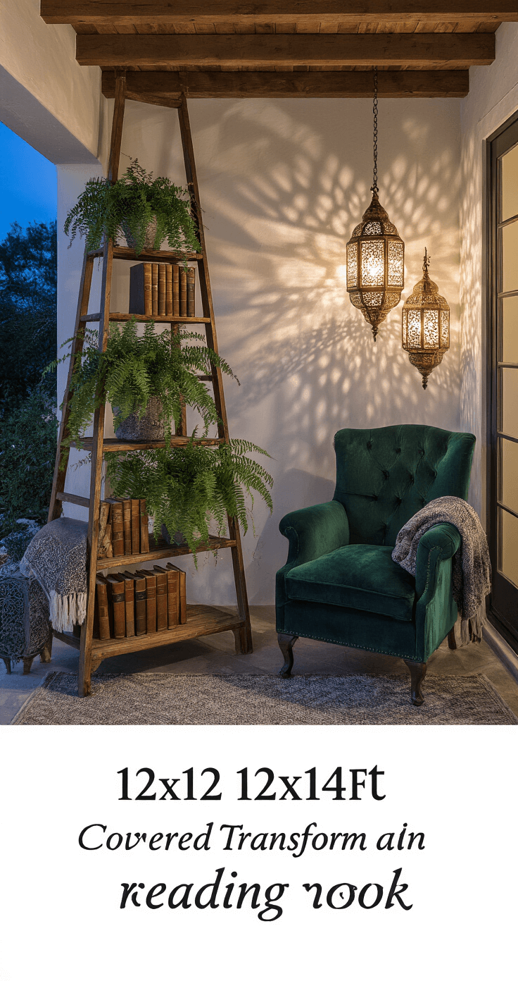 A cozy, enchanted reading nook on a 12x12ft covered patio at dusk, featuring a vintage ladder-bookshelf with potted ferns and leather-bound books, ornate Moroccan lanterns casting intricate shadows, a deep emerald velvet reading chair, and rich textures from wooden beams and woven throws, all enveloped in a cool blue twilight mixed with warm interior lighting.
