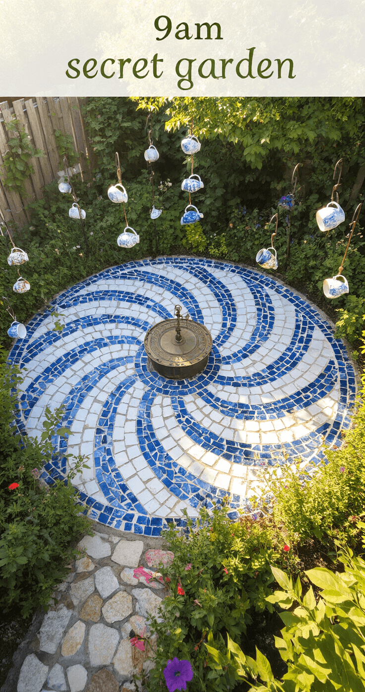 Aerial view of a circular secret garden under morning light, featuring a mosaic pathway of blue and white china leading to a bronze sundial. Whimsical teacup bird feeders hang from wrought iron hooks, surrounded by vibrant jewel-toned wildflowers.