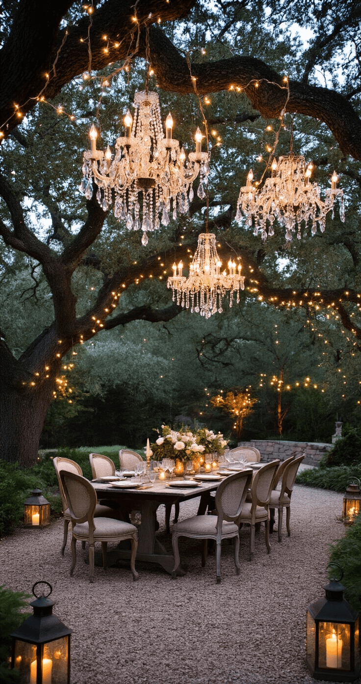 A twilight garden scene featuring a 20x20ft entertainment space with vintage crystal chandeliers hanging from oak branches, white fairy lights, mismatched Victorian chairs around a weathered farm table set for dining, and copper lanterns lining gravel pathways, all captured with a long exposure to emphasize the ambient lighting.