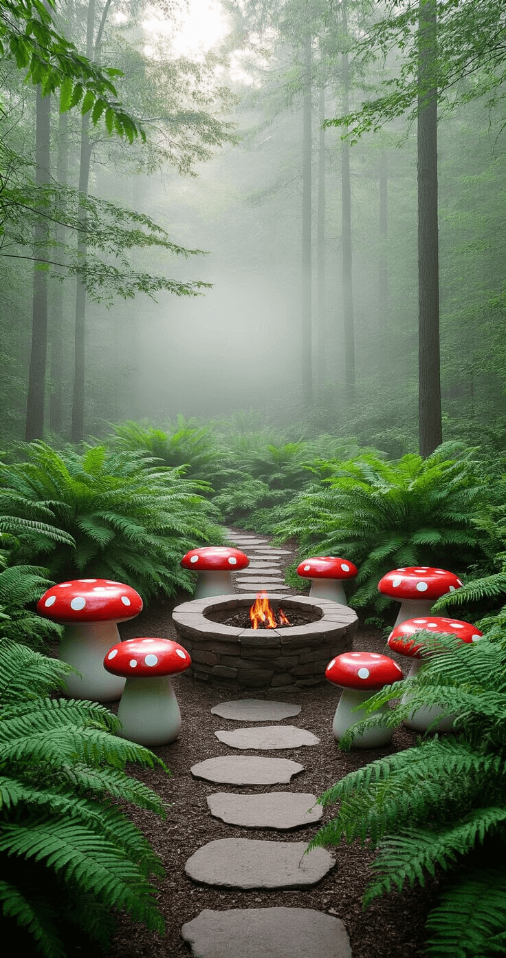 A tranquil woodland garden enveloped in early morning mist features oversized red and white dotted ceramic toadstools as seating around a low stone fire pit, massive ferns enhancing a prehistoric atmosphere, and solar-powered ground lights illuminating a stepping stone path, all captured at ground level with ethereal fog for a mysterious mood.