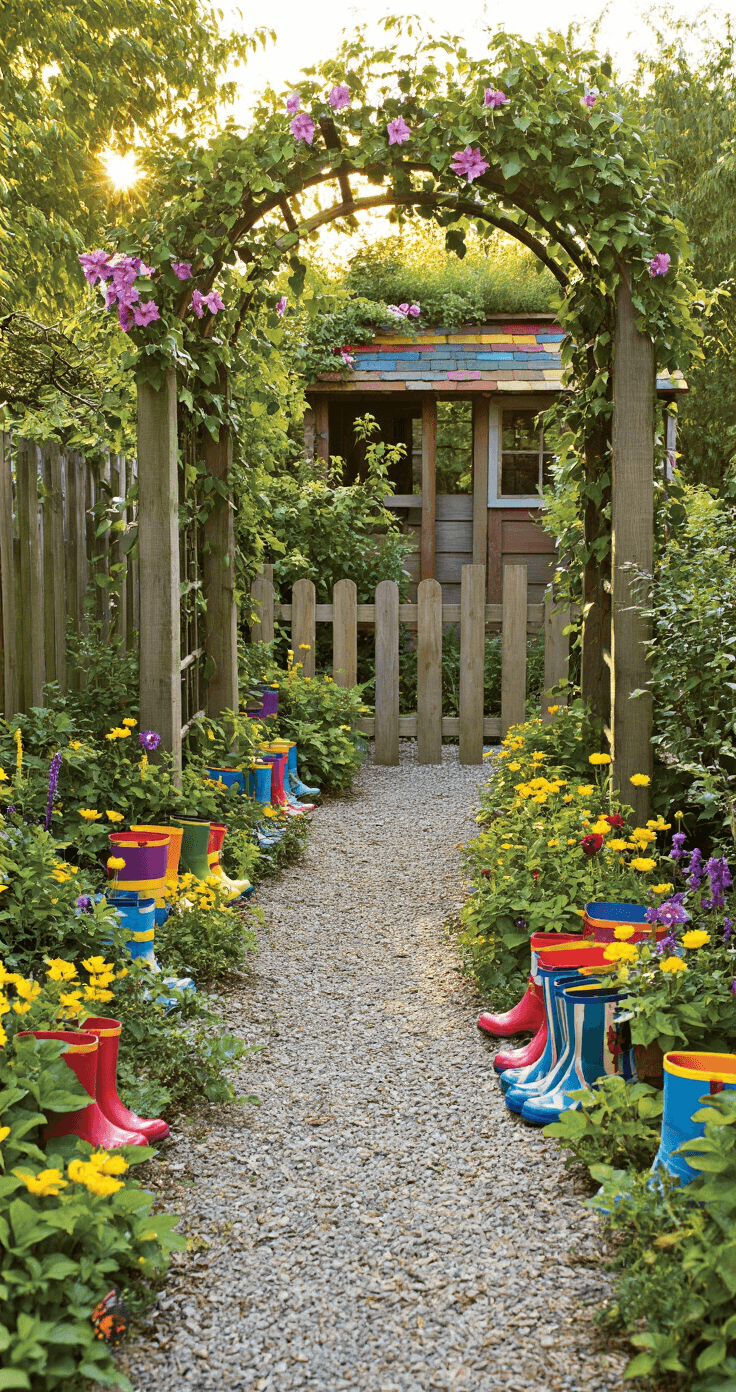 A vibrant children's garden corner at 4pm, featuring repurposed rainbow rain boots as planters, a clematis-wrapped arbor leading to a playhouse with a sedum roof, and bright primary-colored flowers attracting butterflies and bees, all captured from a child's eye level with a magical glow.