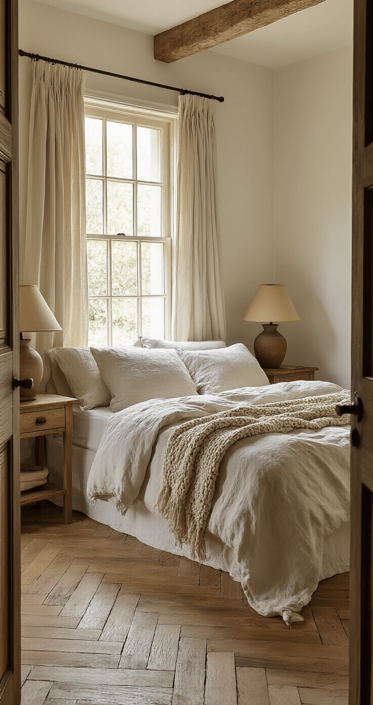 A cozy cottage bedroom with reclaimed oak herringbone floors and a weathered pine bed dressed in ivory linen, illuminated by golden hour light streaming through a large iron-framed window, showcasing floating dust particles and textured bedding.