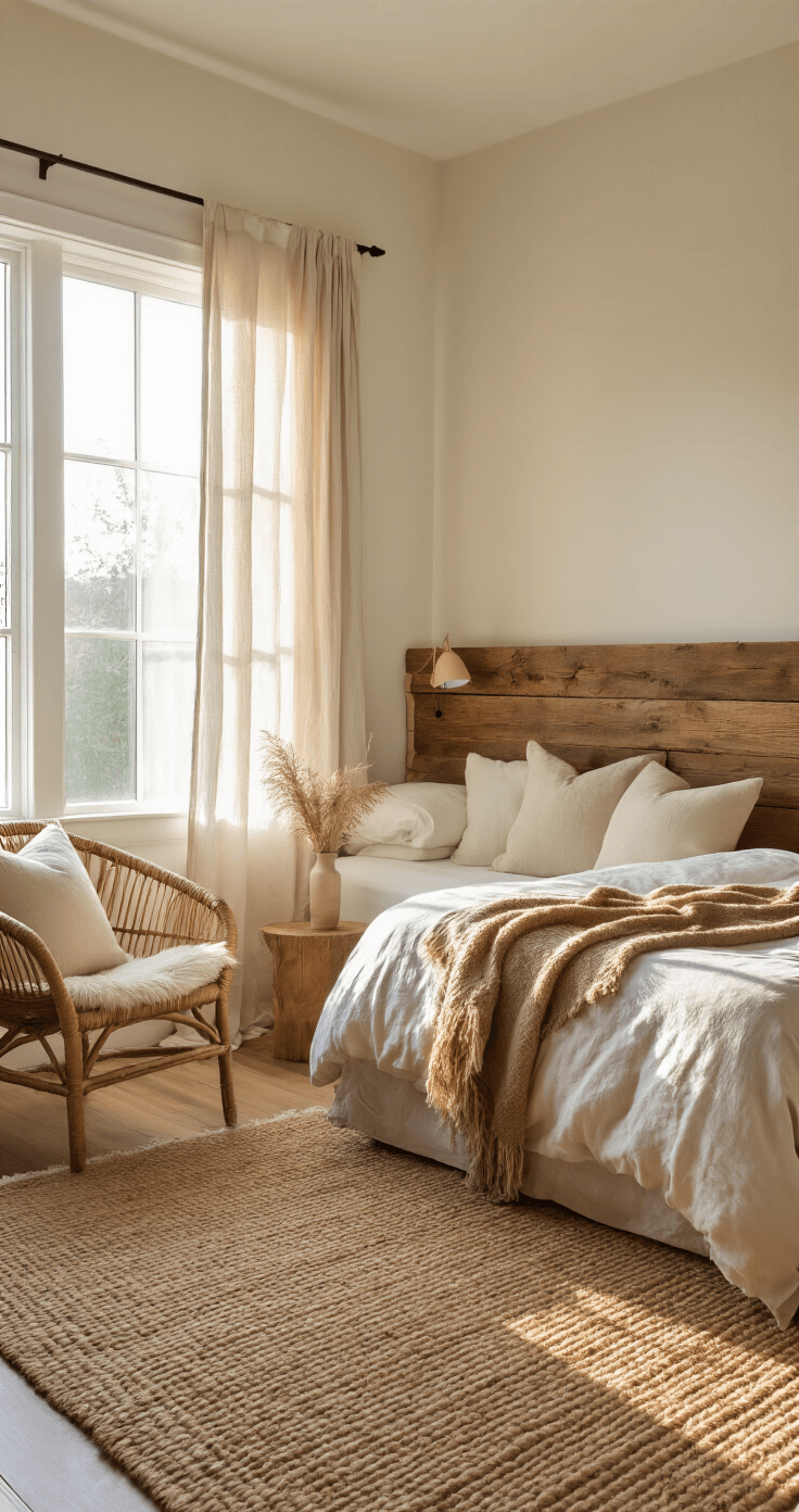 A cozy, organic bedroom with a reclaimed wood headboard, warm white walls, and morning light filtering through linen curtains, showcasing a chunky jute rug and a rattan chair with a soft ochre throw.