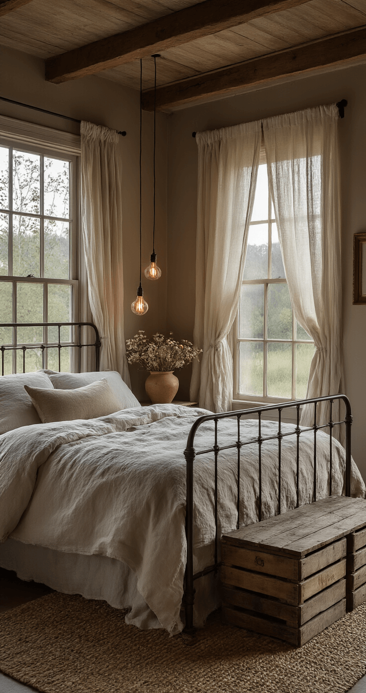 Intimate cottage bedroom at dusk featuring a vintage iron bed with stonewashed linen, tall sheer-draped windows, weathered wooden crates as bedside tables, and handmade ceramic vessels with dried wildflowers, all illuminated by warm Edison bulb lighting in a moody setting.
