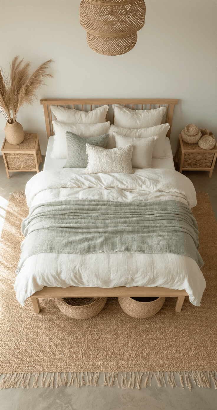 Aerial view of a cozy 15x15ft organic bedroom with a white oak platform bed dressed in cream, dove grey, and sage linens, surrounded by woven baskets with dried grasses, all illuminated by soft afternoon light on a sisal rug.