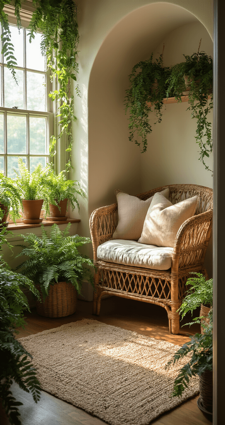 A cozy bedroom reading nook featuring a restored Victorian rattan chair in an alcove, surrounded by potted ferns and trailing vines, with natural fiber cushions in muted earth tones, captured in warm light highlighting the textures of woven materials and plants.