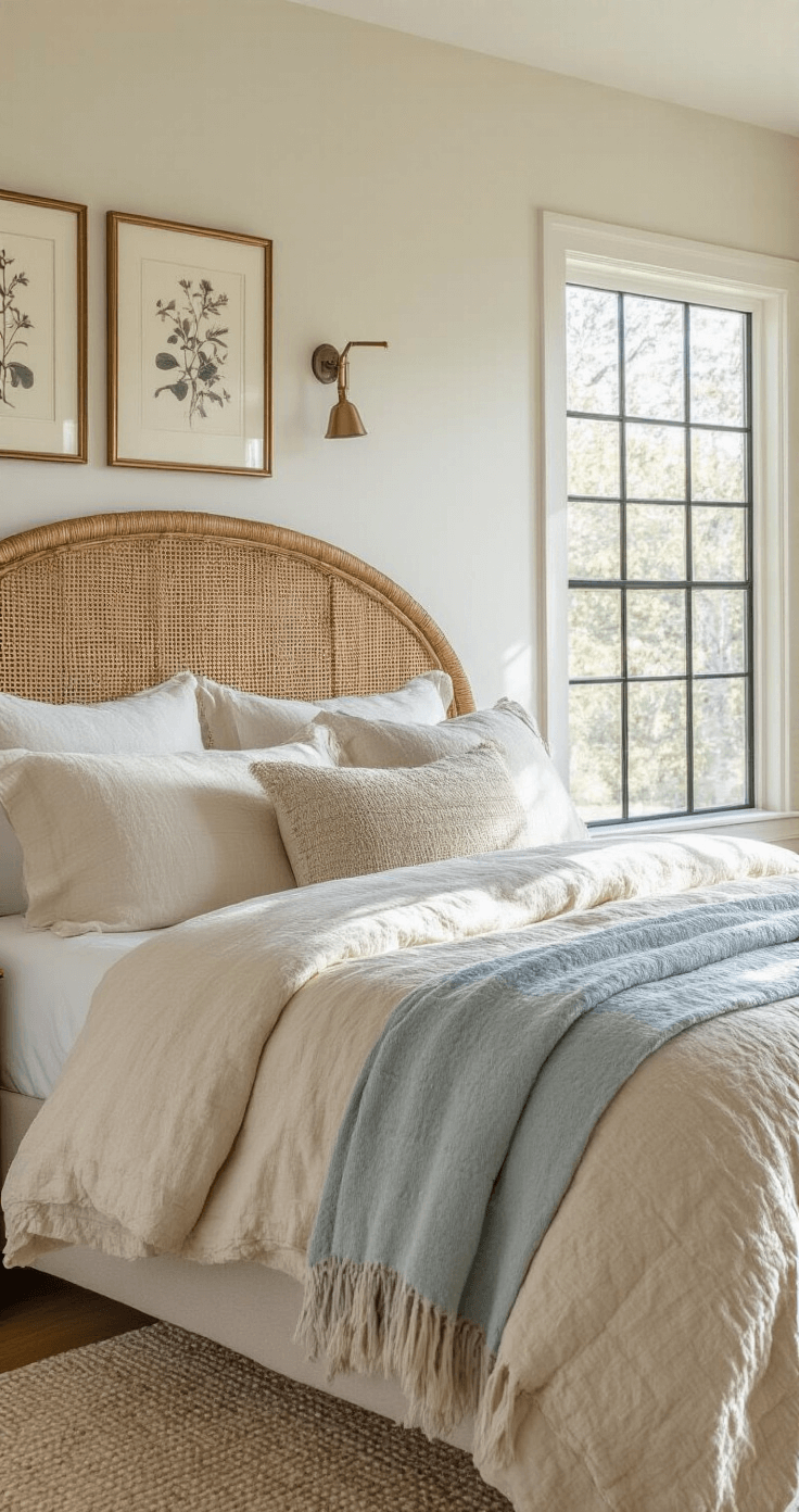A cozy cottage bedroom featuring a curved rattan headboard and a bed adorned with organic cotton and hand-loomed wool in cream, tan, and soft blue tones, illuminated by late morning light through black metal windowpanes, with vintage botanical prints framing the walls.