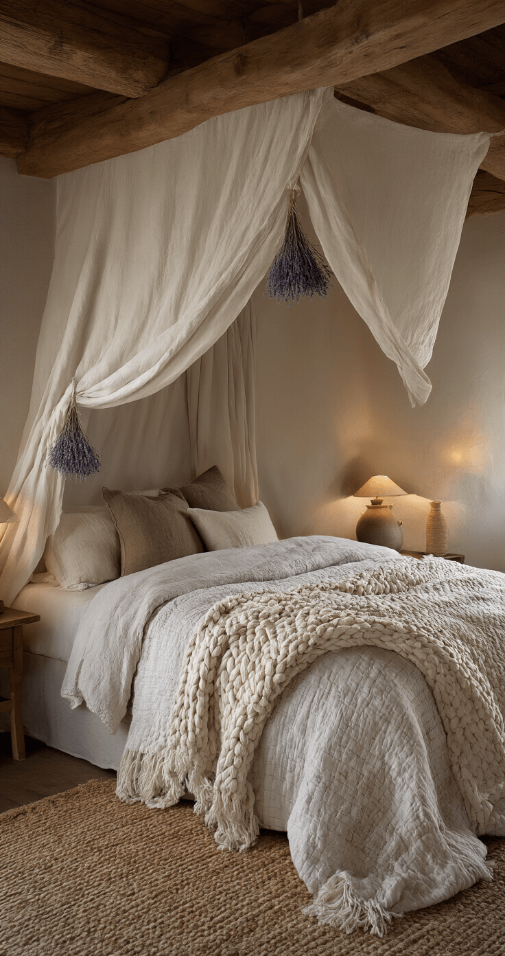 A cozy organic bedroom at twilight, featuring a dramatic canopy bed with raw linen draping, layered with vintage quilts and chunky knit throws in warm whites and browns. Dried lavender bundles adorn exposed wooden beams, while ceramic table lamps provide a warm glow, captured from bed height for an intimate perspective.