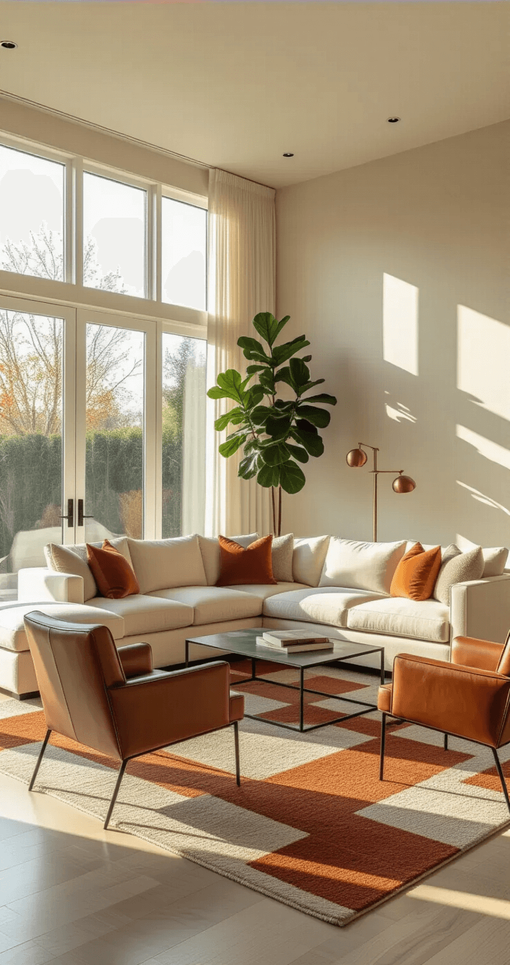 Mastering Rectangular Living Room Layouts: A Comprehensive Design Guide A modern living room with a cream sectional and cognac leather accent chairs, bathed in warm late afternoon sunlight, featuring a geometric rug, a black metal coffee table, and a tall fiddle leaf fig in the corner, all set against textured ivory wallpaper.