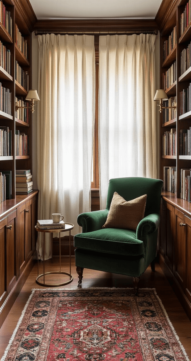 Mastering Rectangular Living Room Layouts: A Comprehensive Design Guide Cozy reading nook in a bright corner of a room, featuring a deep forest green velvet chair, walnut bookcases filled with books, brass sconces, and a vintage Persian runner, illuminated by morning light.