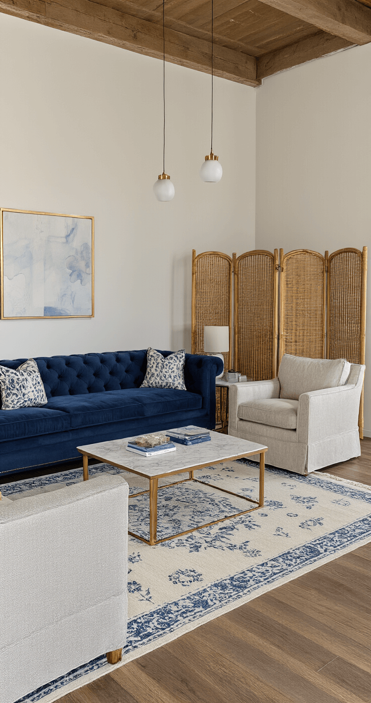 Mastering Rectangular Living Room Layouts: A Comprehensive Design Guide A stylish living room with a tufted navy sofa and matching linen armchairs arranged in a U-shape, anchored by a brass and marble coffee table on a vintage-inspired rug, illuminated by natural light and pendant lighting, with a rattan screen dividing the space.
