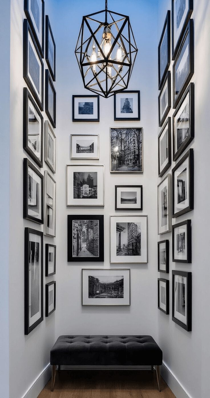 Mastering Rectangular Living Room Layouts: A Comprehensive Design Guide A tall rectangular room with 12ft ceilings at dusk, showcasing a floor-to-ceiling gallery wall of black and white photographs in mixed metallic frames. A modern geometric black metal chandelier hangs above a low-profile charcoal velvet bench, enhancing the dramatic and artistic ambiance.