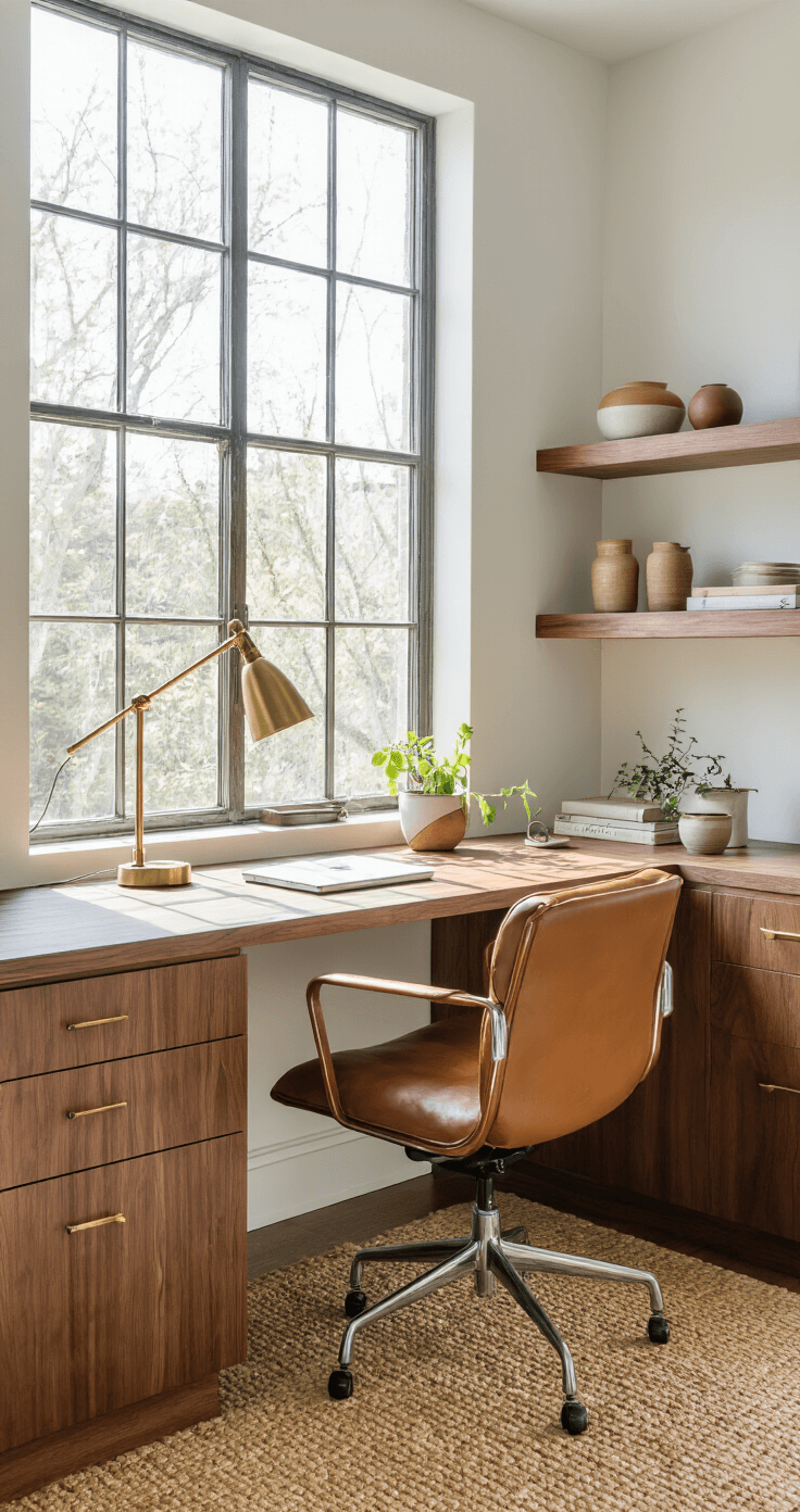 Mastering Rectangular Living Room Layouts: A Comprehensive Design Guide Sunlit corner workspace with a walnut floating desk, Eames-style cognac leather chair, brass task lamp, and minimalist shelving adorned with ceramics and plants, all on a natural jute rug.