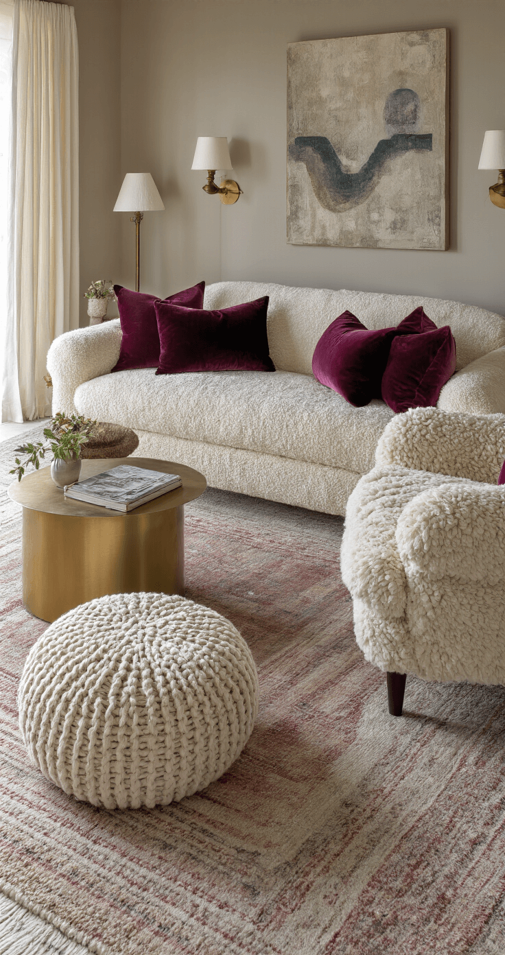Mastering Rectangular Living Room Layouts: A Comprehensive Design Guide An intimate evening lounge scene featuring a creamy bouclé sofa with mohair throws and jewel-toned velvet pillows, a chunky knit pouf next to a brass side table, and a soft Sherpa accent chair, all set on overlapping vintage rugs in muted tones, illuminated by warm table lamps and wall sconces, highlighting a luxuriously tactile atmosphere.
