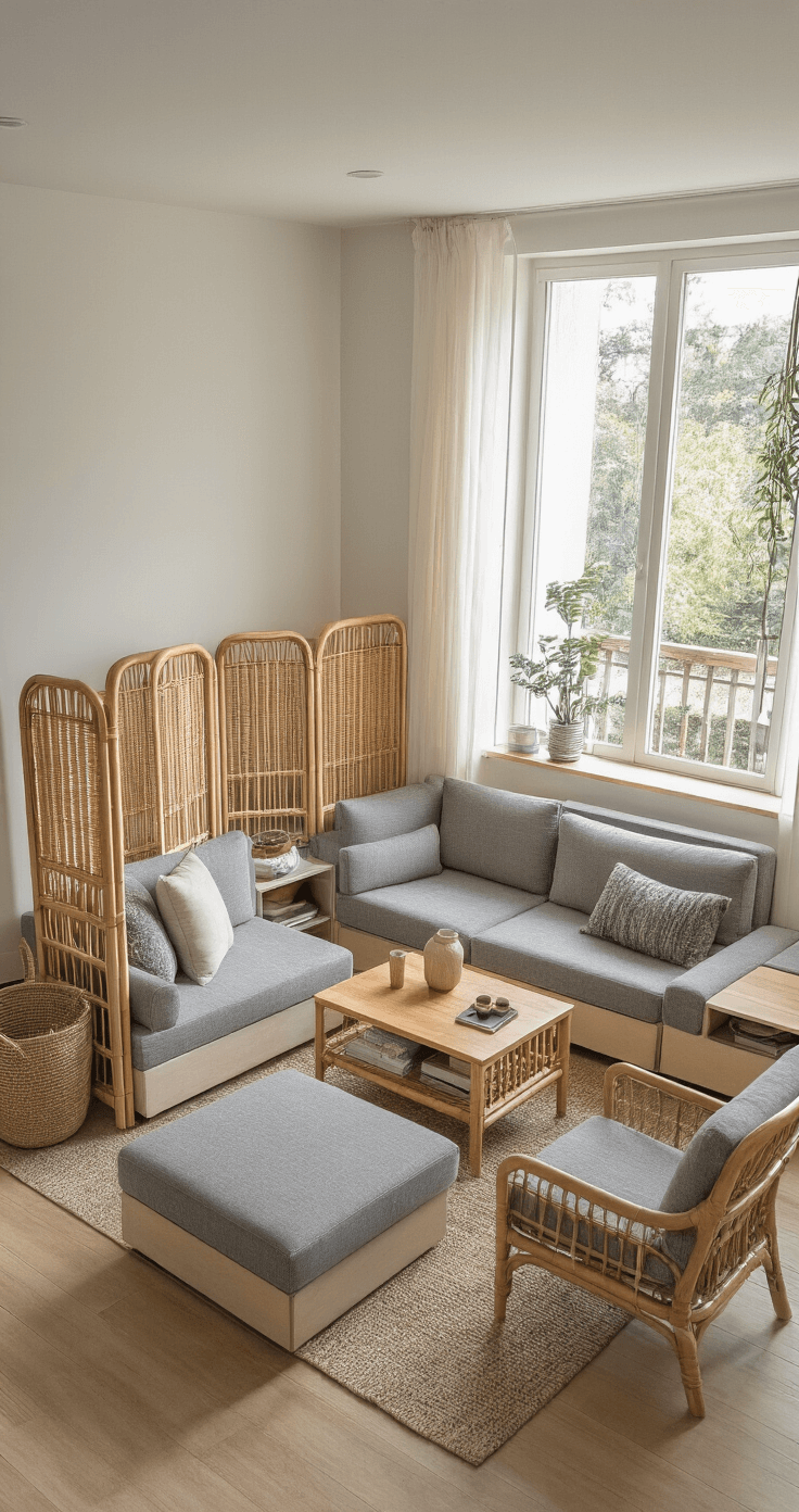 Mastering Rectangular Living Room Layouts: A Comprehensive Design Guide Bright midday scene featuring a contemporary modular living space with low-profile gray linen seating arranged in an L-shape, a multifunctional coffee table with storage, and a mobile rattan room divider, captured from an elevated angle to showcase adaptability and space planning.
