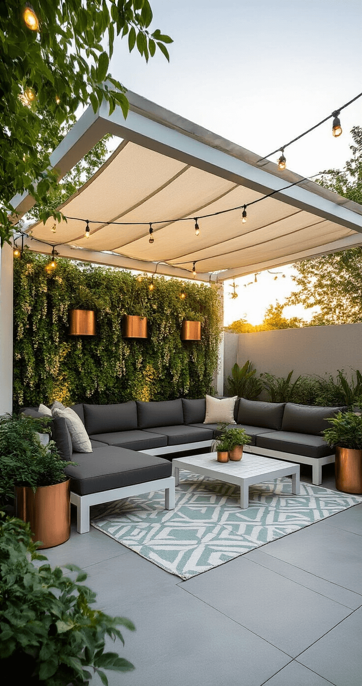 Small Patio, Big Style: Clever Cover Solutions for Tiny Outdoor Spaces Intimate urban patio at golden hour featuring a minimalist white metal pergola, modern charcoal sectional, vertical garden wall with jasmine, warm LED string lights, and pale grey concrete flooring with a geometric rug in mint.