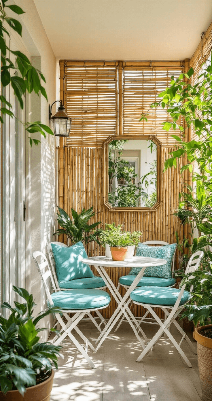 Small Patio, Big Style: Clever Cover Solutions for Tiny Outdoor Spaces A cozy 6'x8' balcony patio featuring DIY bamboo screen panels casting dappled shadows, a foldable bistro set in white metal with aqua cushions, a brass-framed mounted mirror, and layered potted plants in white ceramic and terra cotta, all illuminated by natural light for a bright and airy Mediterranean feel.
