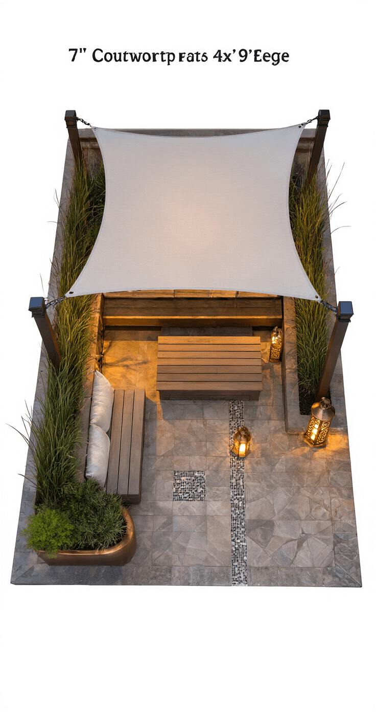 Small Patio, Big Style: Clever Cover Solutions for Tiny Outdoor Spaces Aerial view of a compact 7'x9' courtyard patio at dusk, featuring a custom-fit sail shade in natural canvas, a weathered teak L-shaped bench with storage, slim copper planters with ornamental grasses, and ambient lighting from Moroccan lanterns and copper string lights, all on textured stone flooring with mosaic inlays.